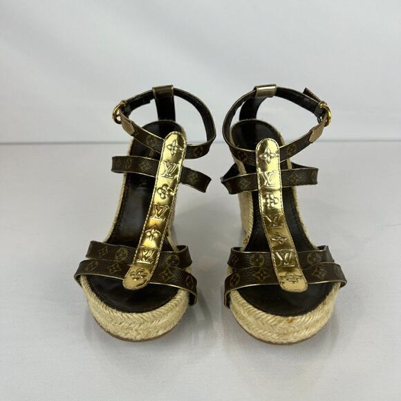 Louis Vuitton Shoes - Louis Vuitton Monogram/Metallic Espadrille Wedge Sandals, Size 36 EU/6 US